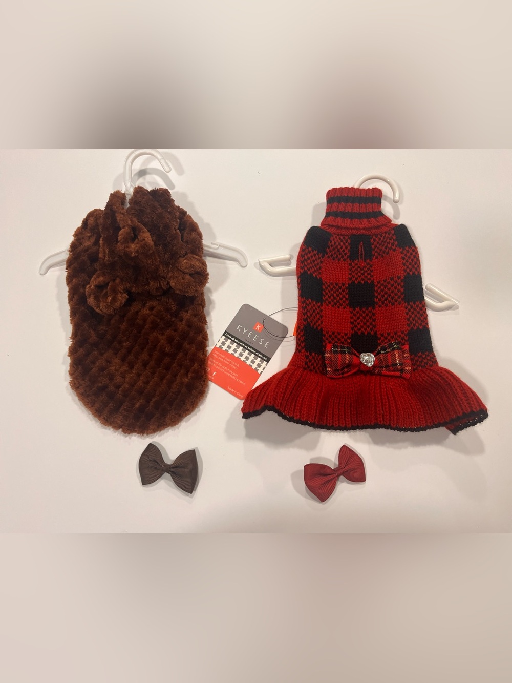 New Red Buffalo Plaid Knit Dog Dress with Bow & Hooded Teddy